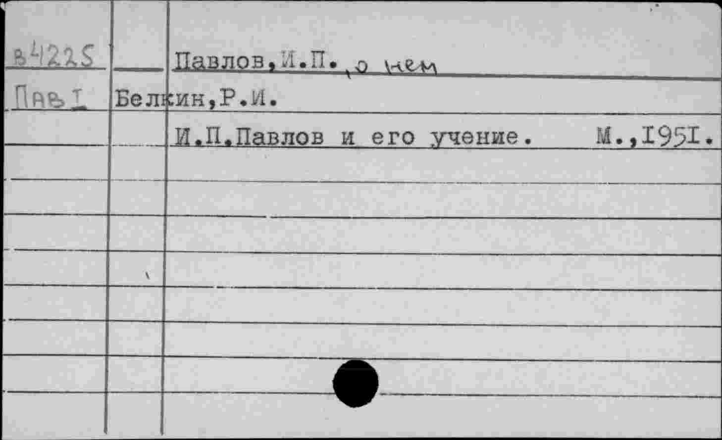 ﻿	Бел!						!	ч Павлов,-х.П. ,о :ин,Р.И.
		И.П.Павлов и его учение.	М.,1951»
—	—	—
		
—		—
		
		
		